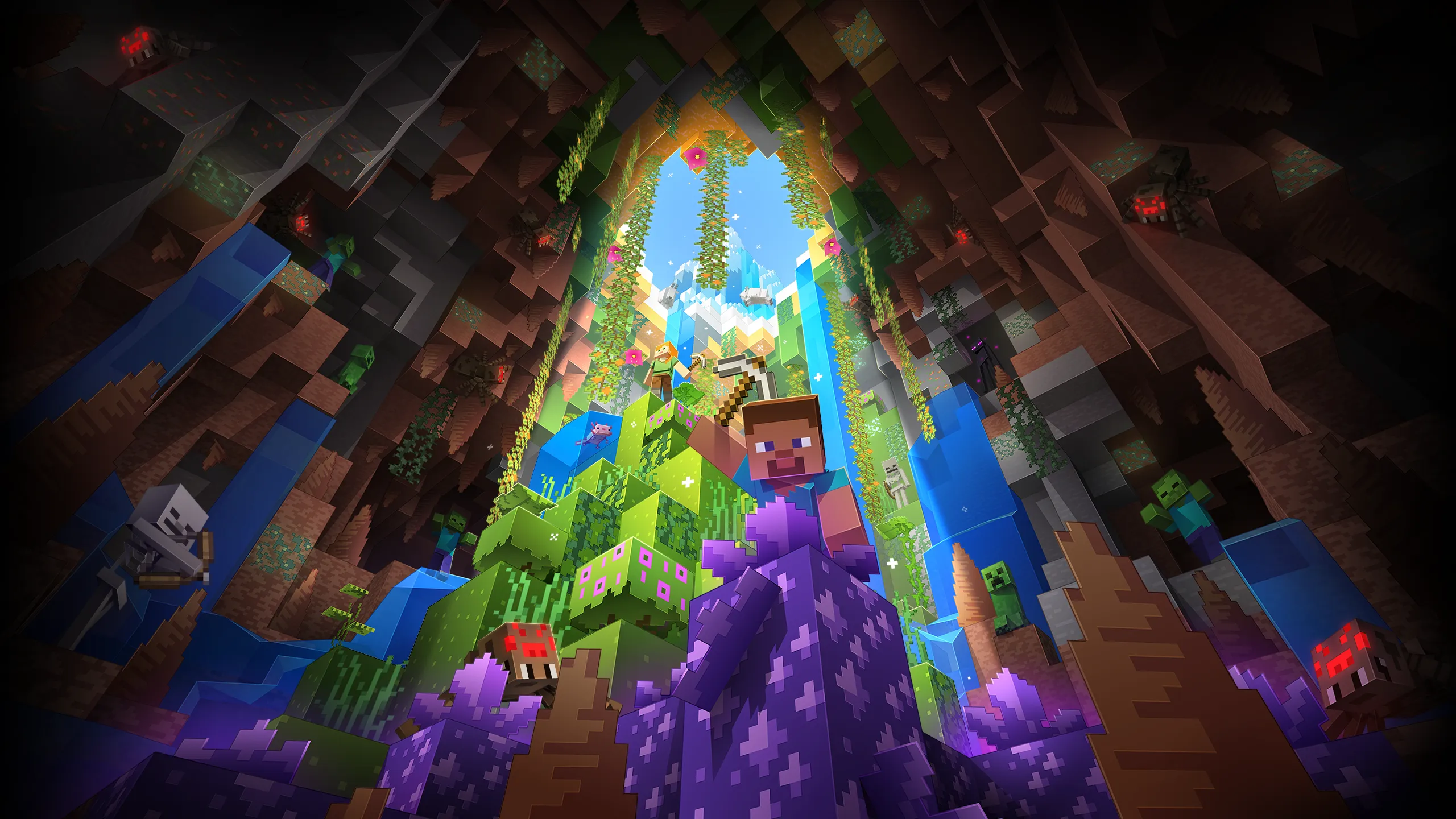 Minecraft 洞穴中仰望雪山与天光